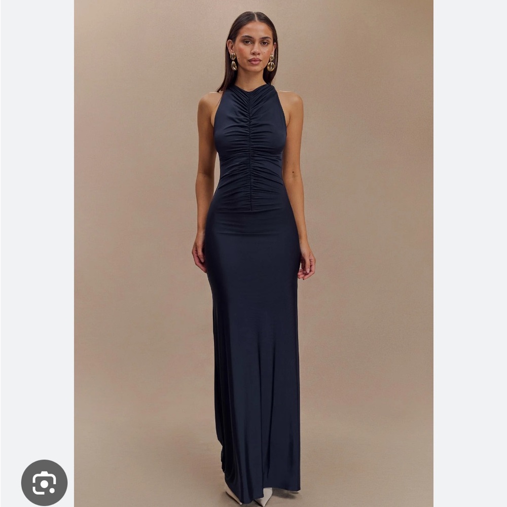 Meshki Priya Slinky Ruched Halter Maxi